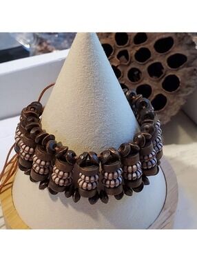 90s Y2K Vintage Brown Wood Acrylic Rondelle Beads OSFA Adjustable Bracelet